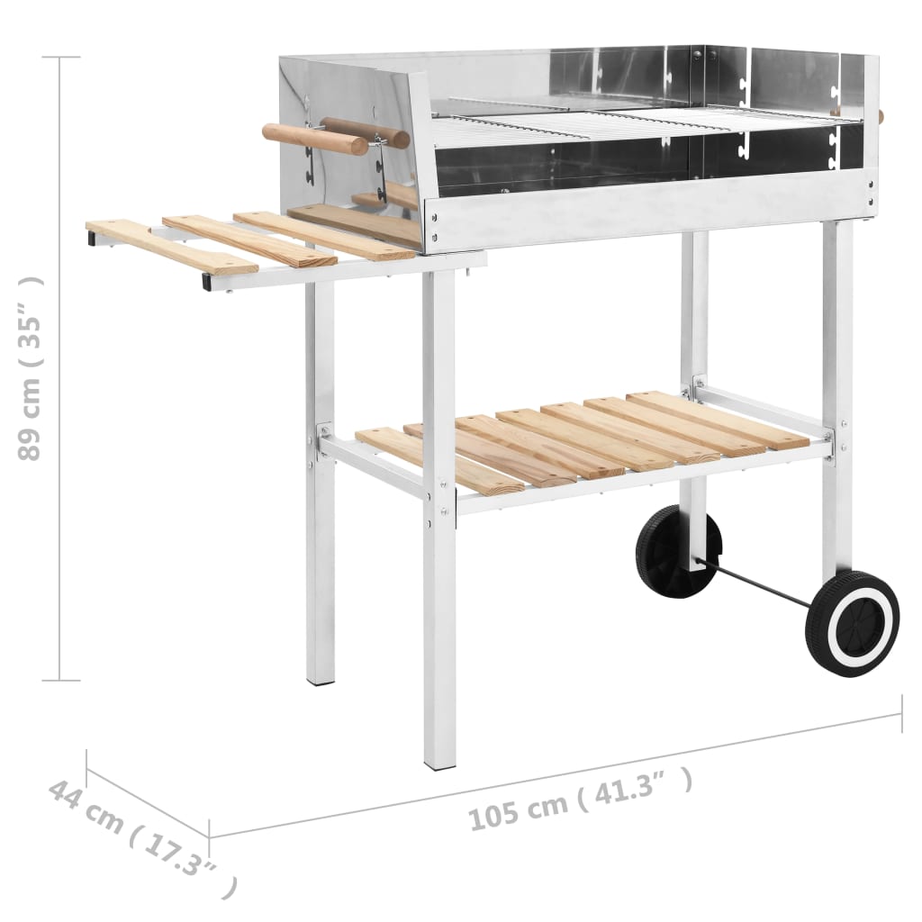 vidaXL XXL Trolley Charcoal BBQ Grill Stainless Steel with 2 Shelves-5