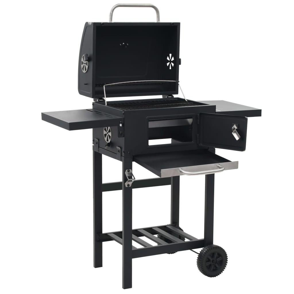 vidaXL Charcoal-Fueled BBQ Grill with Bottom Shelf Black-6