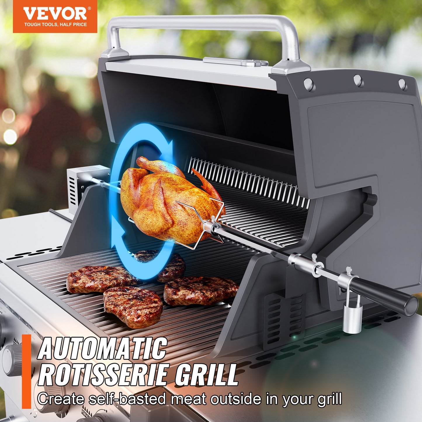 VEVOR Universal Grill Rotisserie Kit for Grills, Electric BBQ Grill with 110V 9W Motor, Stainless Steel Automatic Grilling Kit, Heavy Duty 32"/39" Hexagon Spit Rod, 26 lbs Capacity Grill Attachment-0