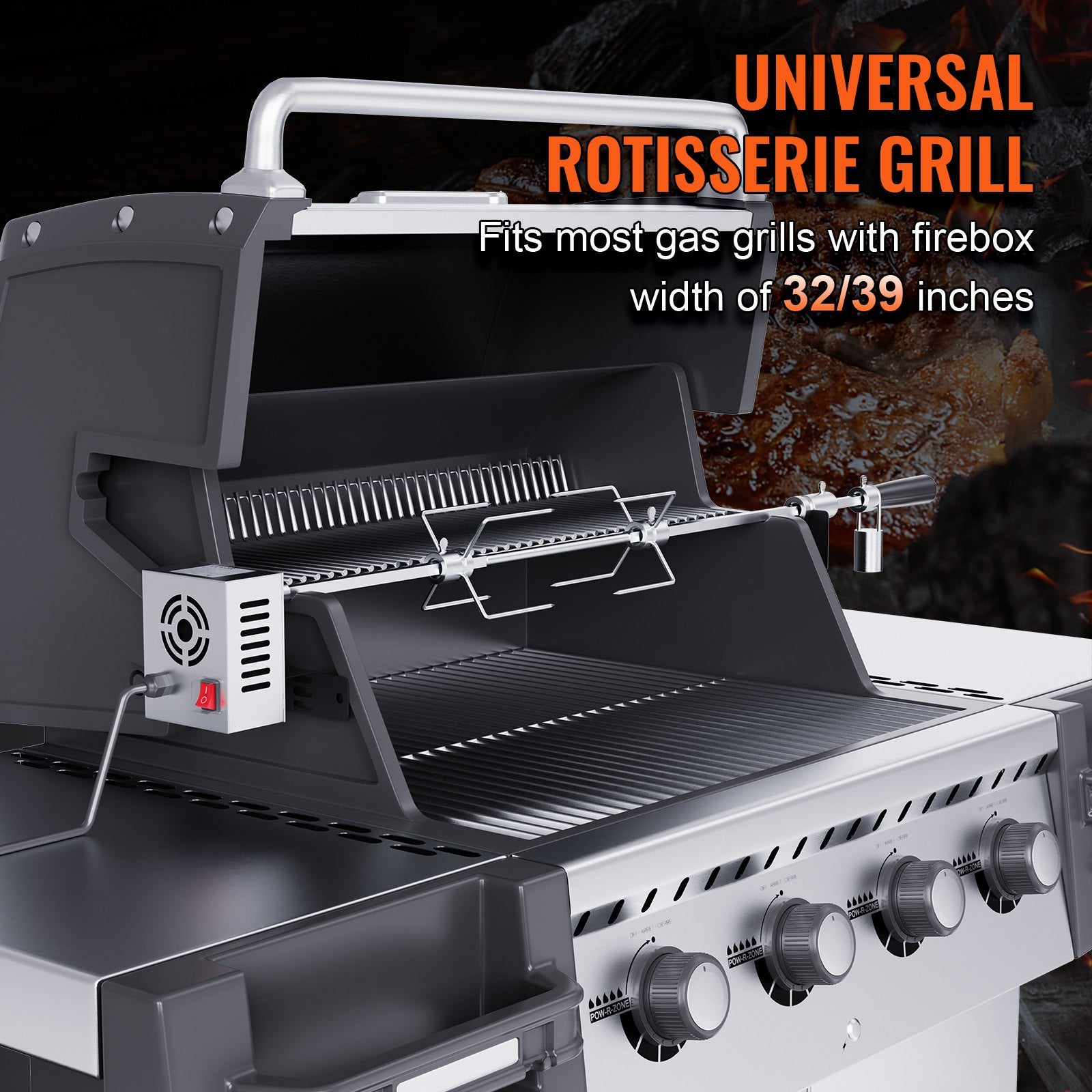 VEVOR Universal Grill Rotisserie Kit for Grills, Electric BBQ Grill with 110V 9W Motor, Stainless Steel Automatic Grilling Kit, Heavy Duty 32"/39" Hexagon Spit Rod, 26 lbs Capacity Grill Attachment-4