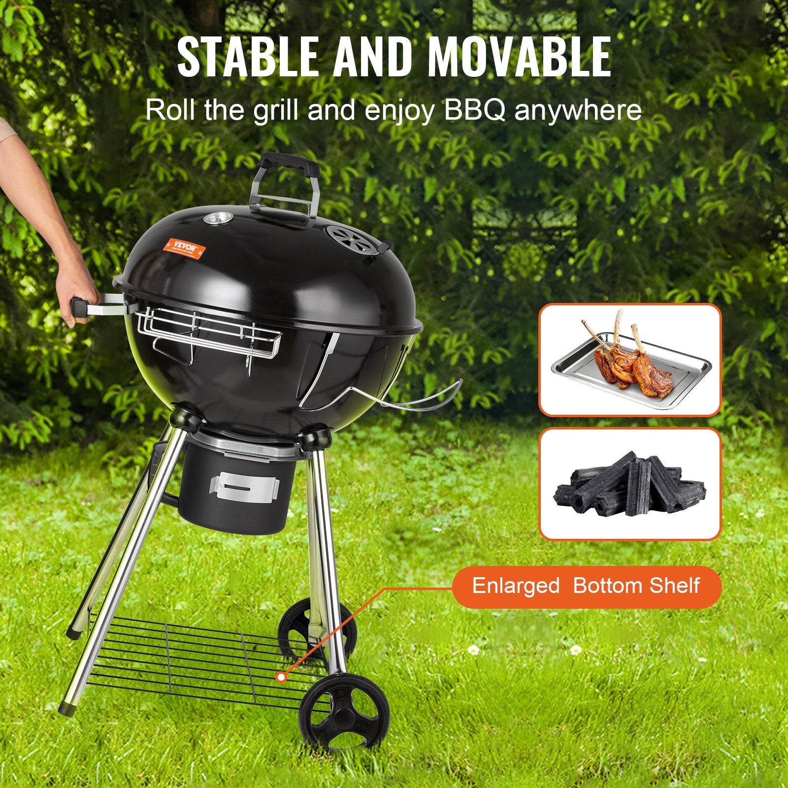 VEVOR 22" Kettle Charcoal Grill, Premium Kettle Grill with Wheels Grate and Cover, Porcelain-Enameled Lid and Firebowl with Slide Out Ash Catcher Thermometer for BBQ, Camping, Picnic, Patio and Backyard-4